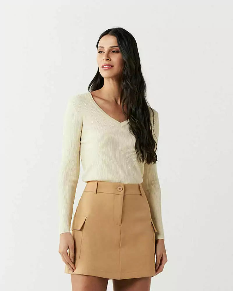 Blusa Modal Decote V Manga Longa Creme