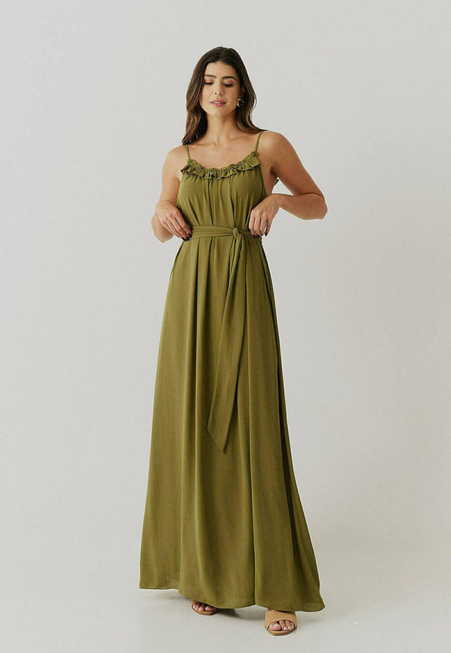 Vest Longo Crepe Alca Babado Decote