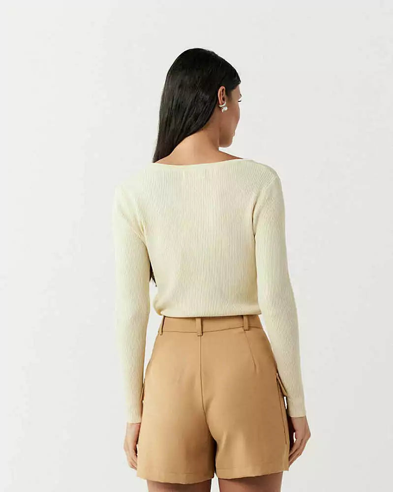 Blusa Modal Decote V Manga Longa Creme