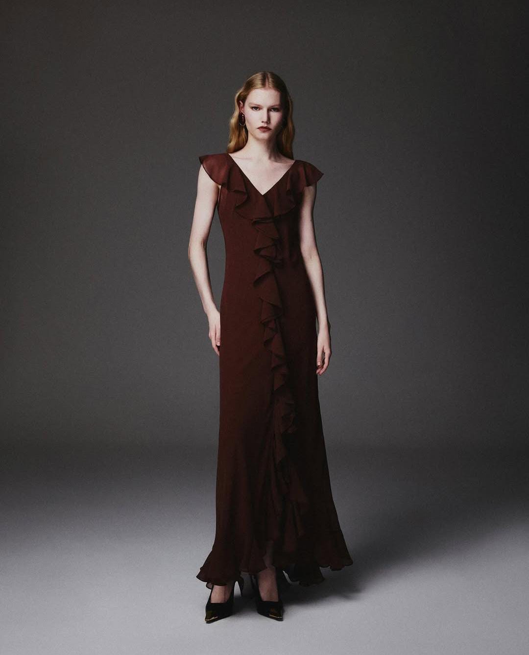 Vestido Longo com Babados Chiffon