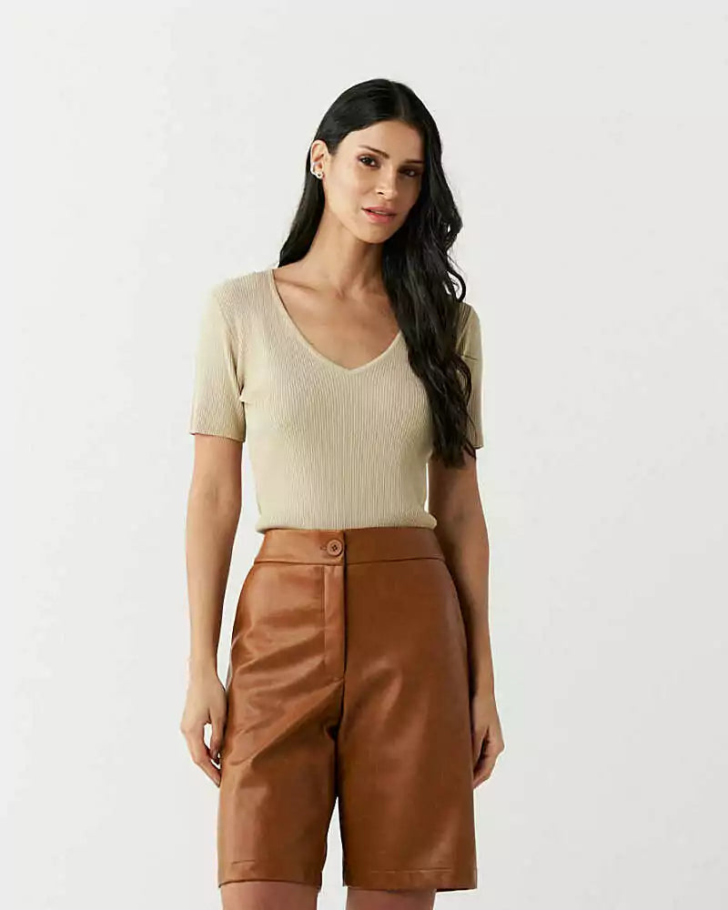 Blusa Decote V Modal Manga Curta Fendi