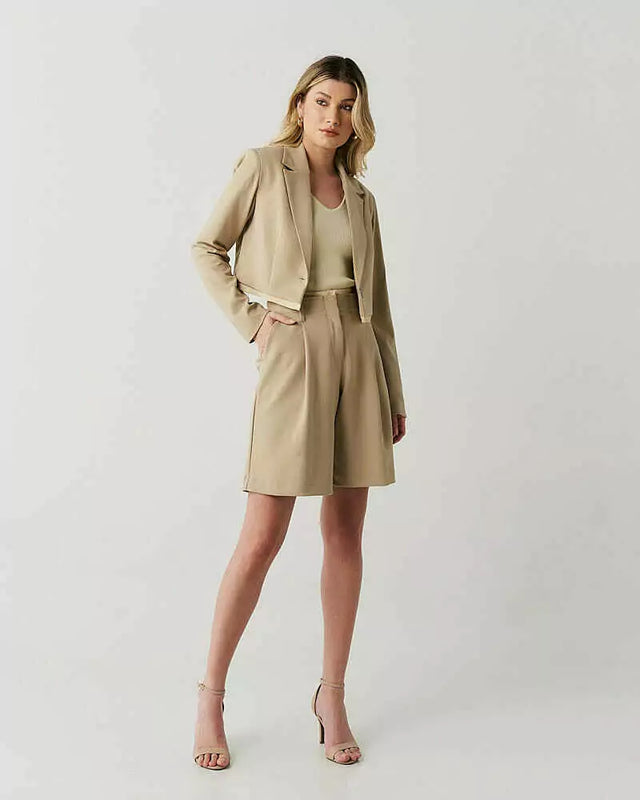 Blazer Alf Cropped Det Bicolor Bege