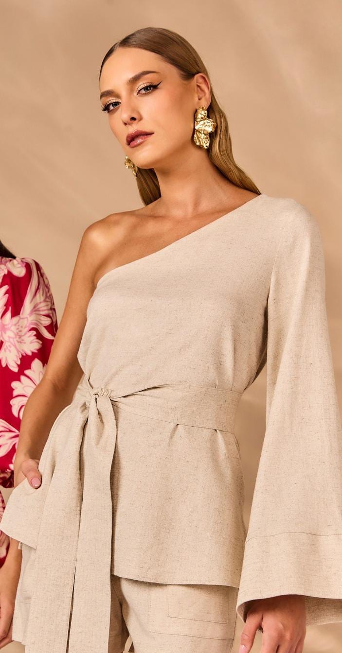 Blusa Um Ombro Só Linho Com Faixa Natural