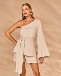 Blusa Um Ombro Só Linho Com Faixa Natural