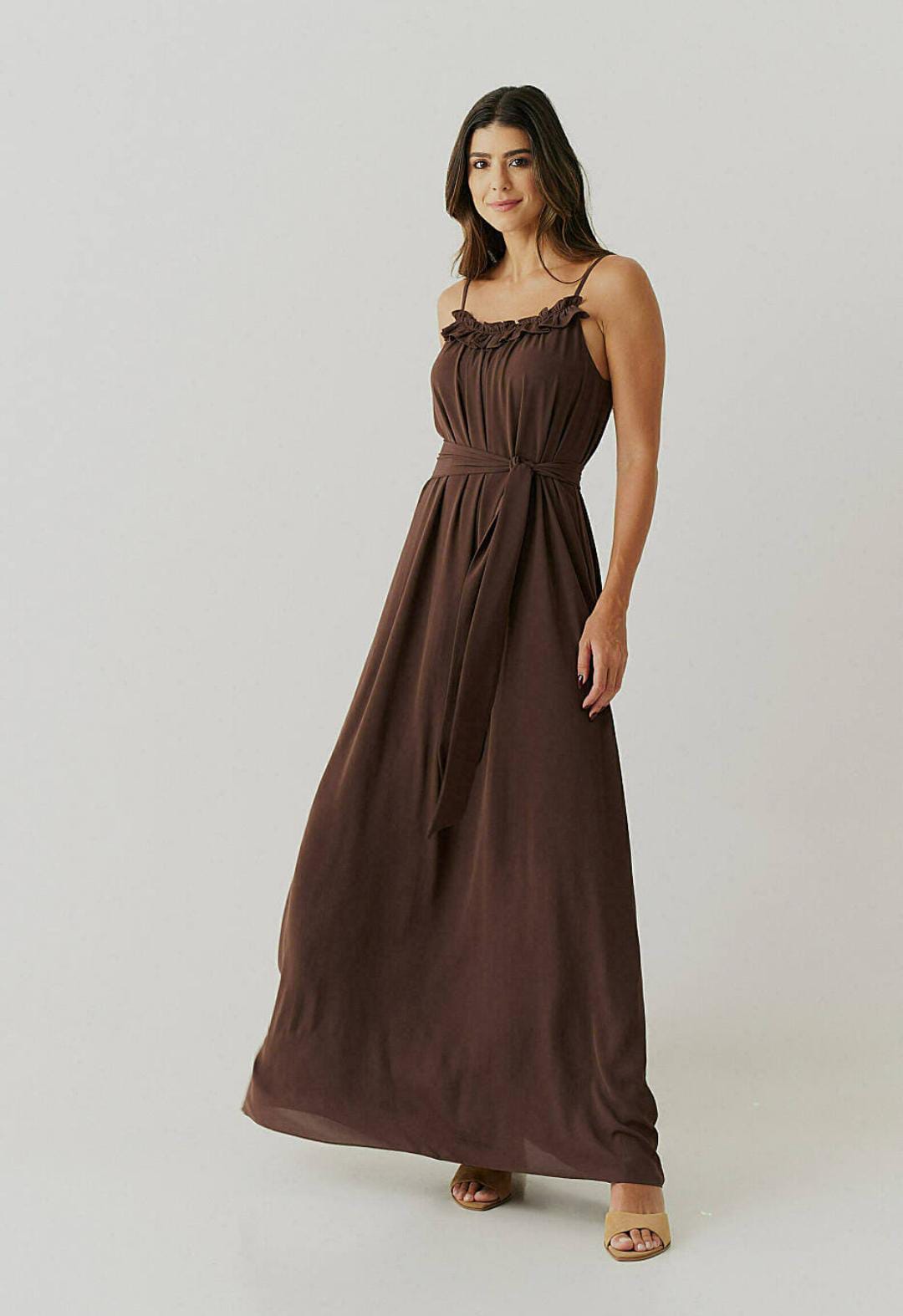 Vest Longo Crepe Alca Babado Decote