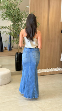 Saia Midi Recortes Jeans